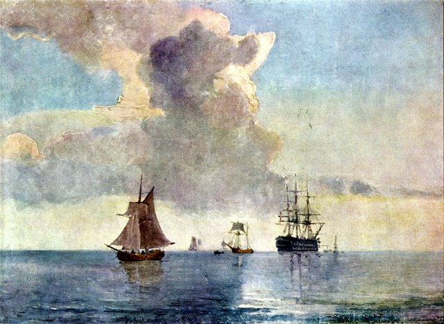 A ship of the line anchored and surrounded by smaller vessels by Carl Frederik Sørensen