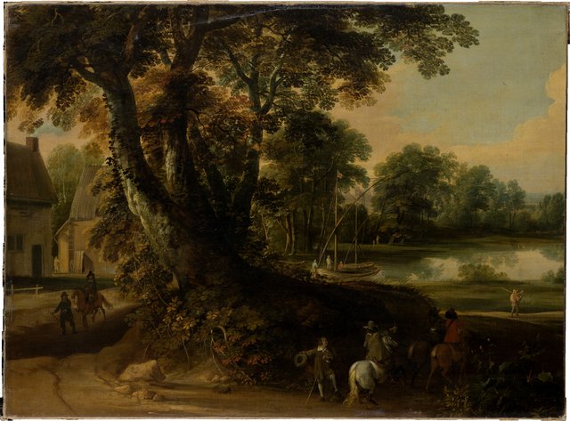 Landscape with a Group of Trees at the Shore of a Lake, Three Riders on the Road in the Foreground by Jacques d'Arthois