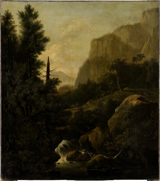 Mountain Landscape with Deer Hunt at a Waterfall by Frederik de Moucheron