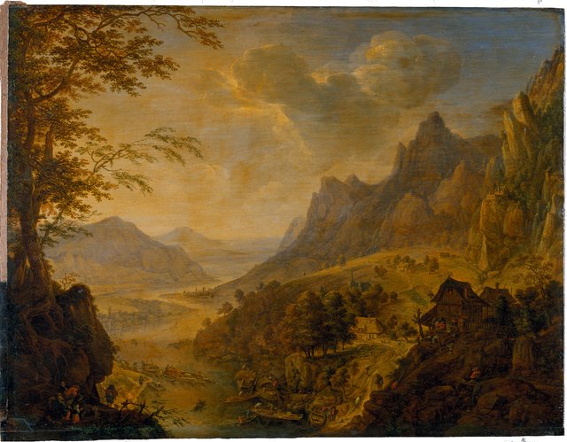 Mountainous Landscape with a River, in the Foreground a Village with Several Boats Moored at the Bank by Herman Saftleven