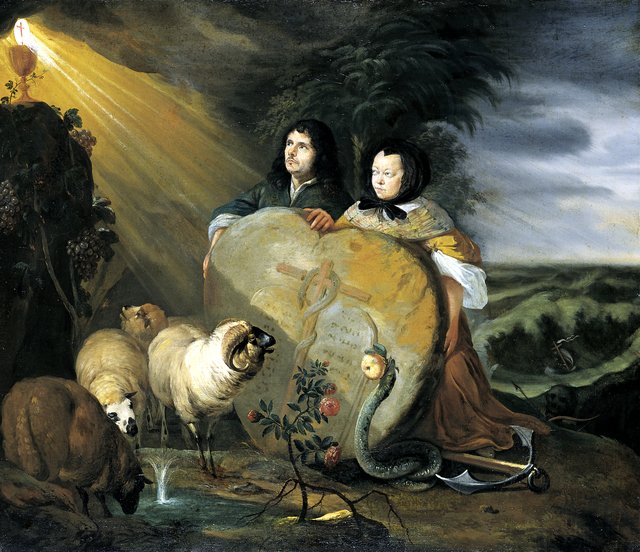 Self Portrait (?) with his Wife and Symbols of the Christian Faith by Johann Heinrich Roos