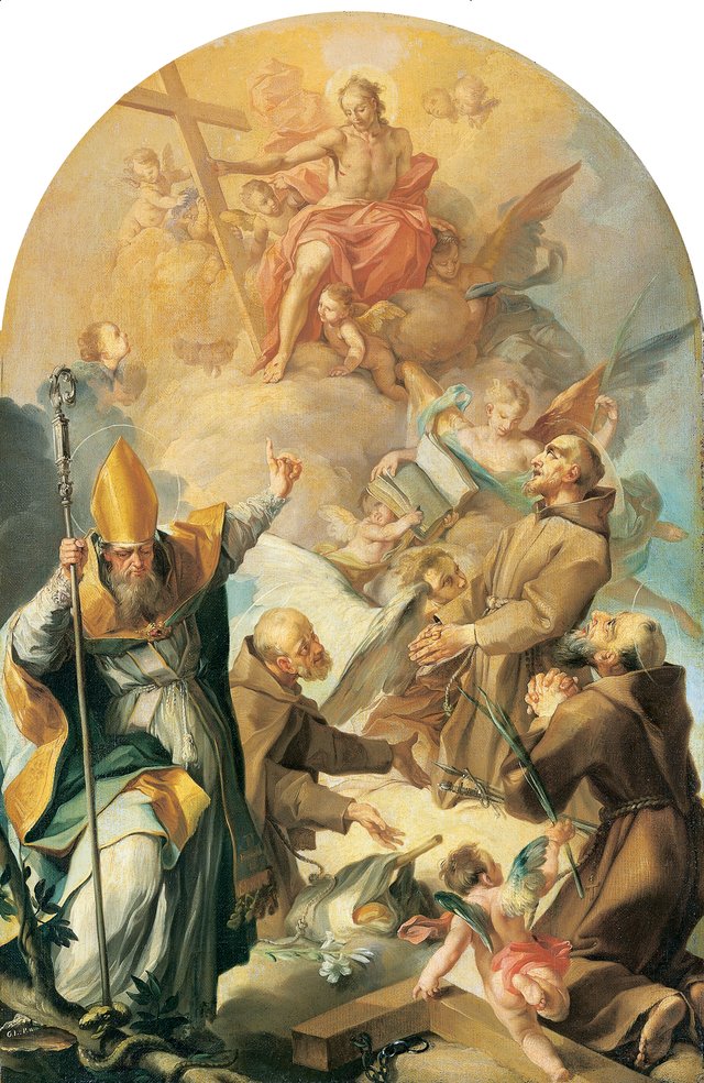 Three Capuchin Saints and a Bishop Worshipping Christ and the Cross by Giovanni Lanfranco