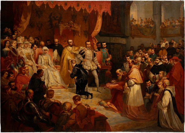 The abdication of Emperor Charles V in favor of his son Philip II . At Brussels, 25 October 1555 by Louis Gallait