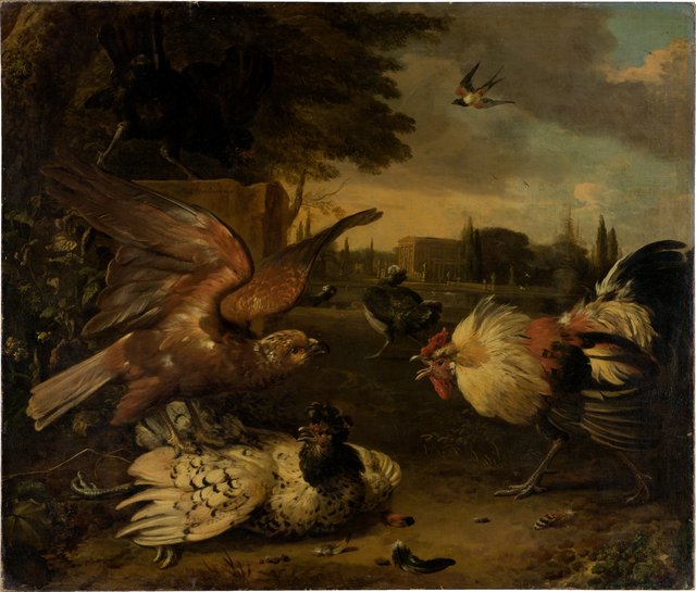 A Cock Defends a Hen from an Attacking Bird of Prey by Melchior d'Hondecoeter