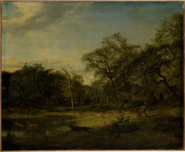 Deer Hunt in a Swampy Forest Landscape by Adriaen van de Velde