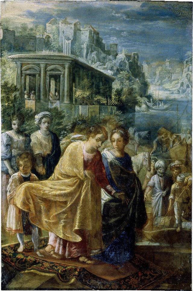 The Frankfurt Altarpiece of the Exaltation of the True Cross:  The Embarkation of the Empress Helena  (left) by Adam Elsheimer