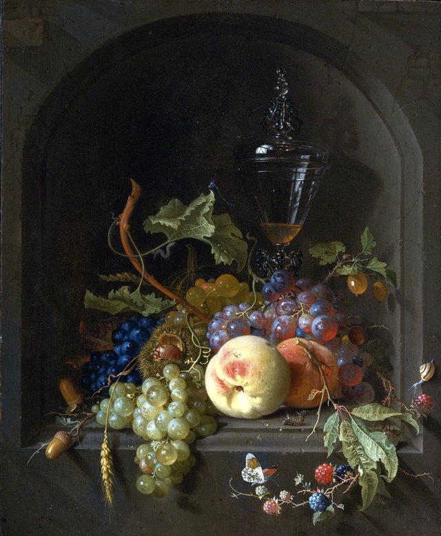 Still life of grapes, peaches, blackberries, acorns, prickly fruit, an elaborate glass and various insects on a ledge in a niche by Abraham Mignon
