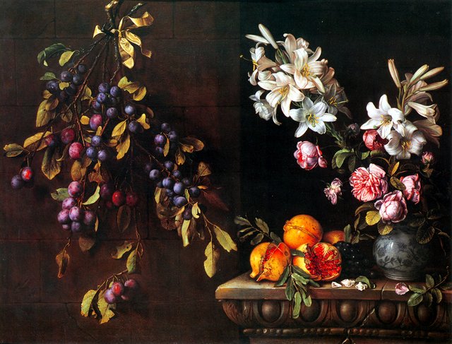 Still life with plum branch hanging from a wall, pomegrenates and vase of lilies on a carved end table by Pierre Dupuis