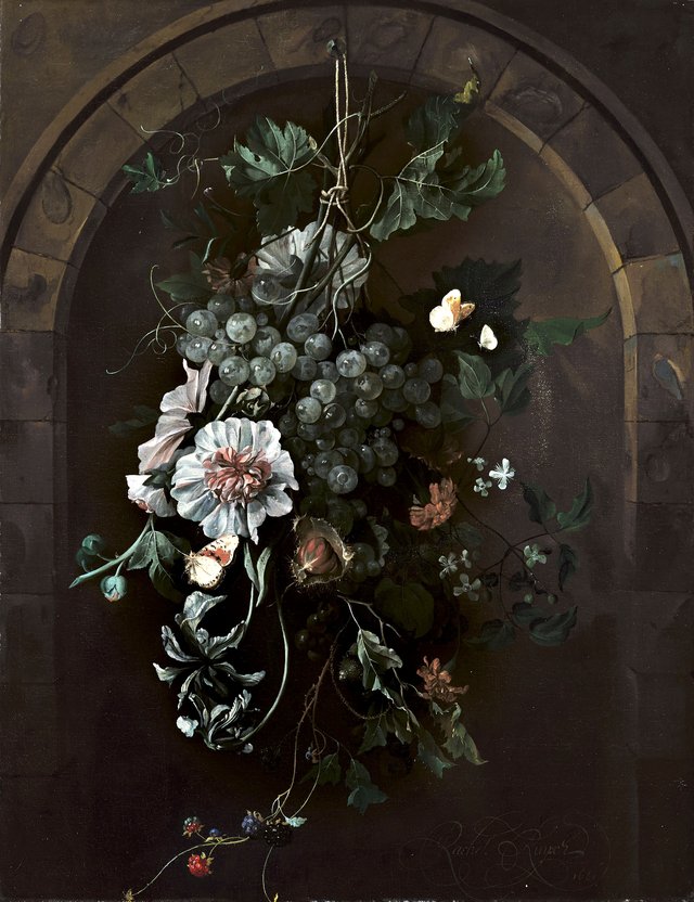 A swag of fruit and flowers suspended before a stone arch by Rachel Ruysch