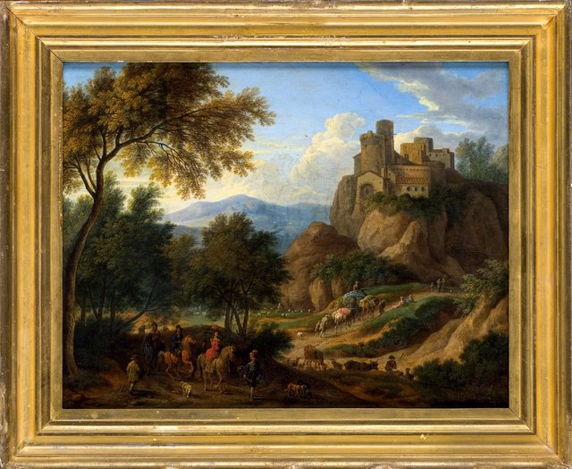 Hilly landscape with elegant company by Adriaen Frans Boudewyns