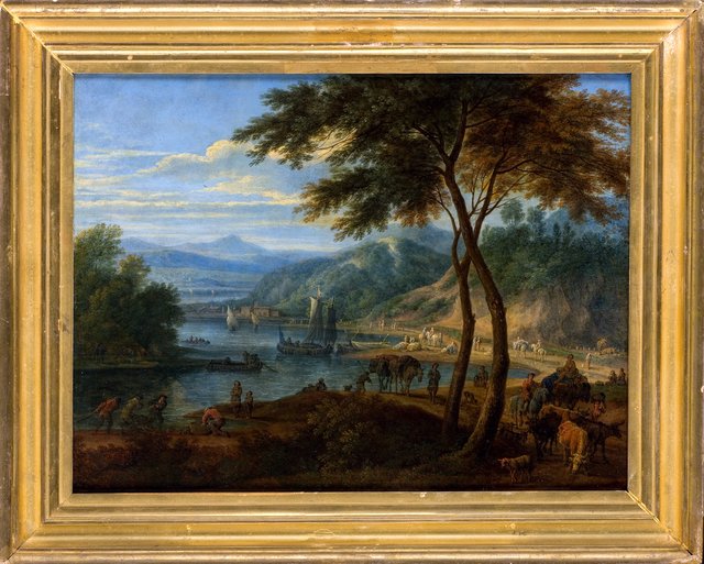 River landscape with peasants and cattle by Adriaen Frans Boudewyns
