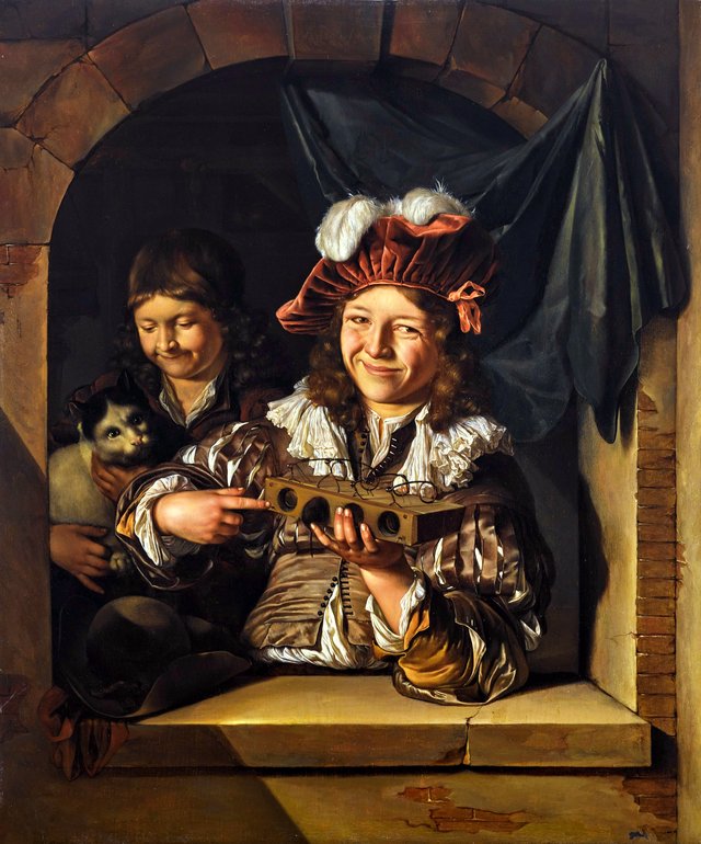 Two boys with a mouse trap and a cat at a window by Adriaen van der Werff