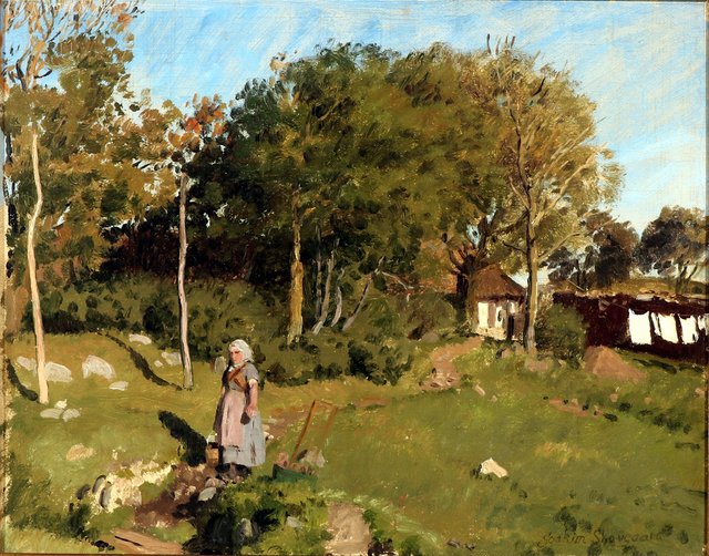 Landscape with a peasant girl in the garden, in the background clothesline with laundry by Joakim Skovgaard