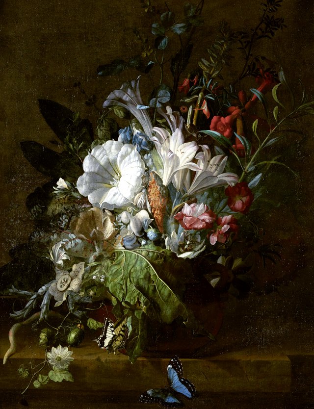 Flowers in a vase, with butterflies, on a stone parapet by Rachel Ruysch