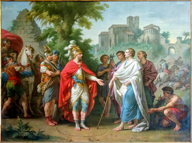 Popilius schickt einen Boten zu Antiochus Epiphanes um mit seinen Verwüstungen in Ägypten aufzuhören by Louis-Jean-François Lagrenée