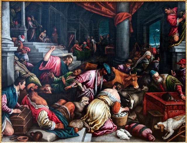 Jesus chasing the merchants from the Temple by Leandro Bassano