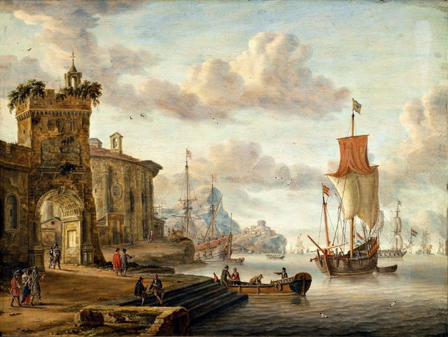 Harbour Scene with Ancient Ruins by Abraham Storck