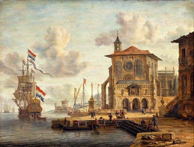 Harbour Scene with Medieval Building by Abraham Storck