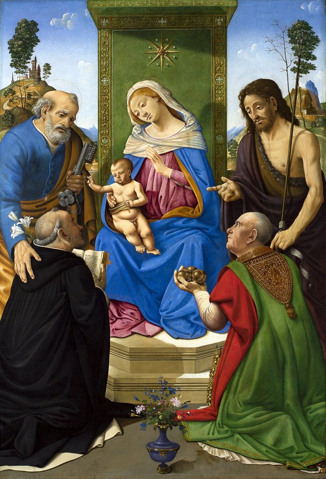 Madonna and Child Enthroned with Sts. Peter, John the Baptist, Dominic and Nicholas of Bari by Piero di Cosimo