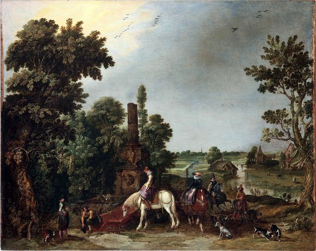 A Hunting Party Halting by an Ancient Fountain, a Landscape with a Rainstorm Beyond by Esaias van de Velde