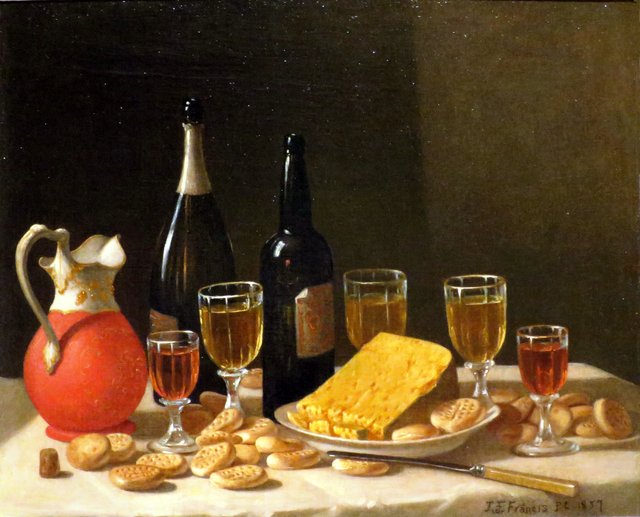 Still Life with Bottles, Wine, and Cheese by John F. Francis