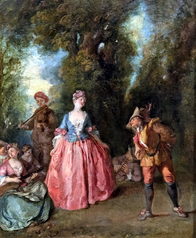 Gallant feast representing a lady dancing with Pulcinella by Nicolas Lancret