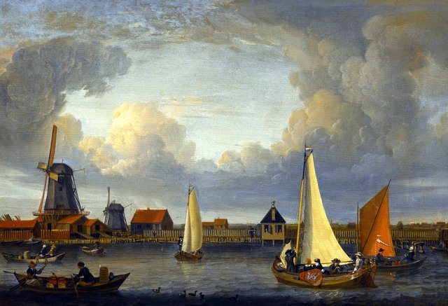 A river landscape with fishermen in rowing boats, windmills beyond by Abraham Storck