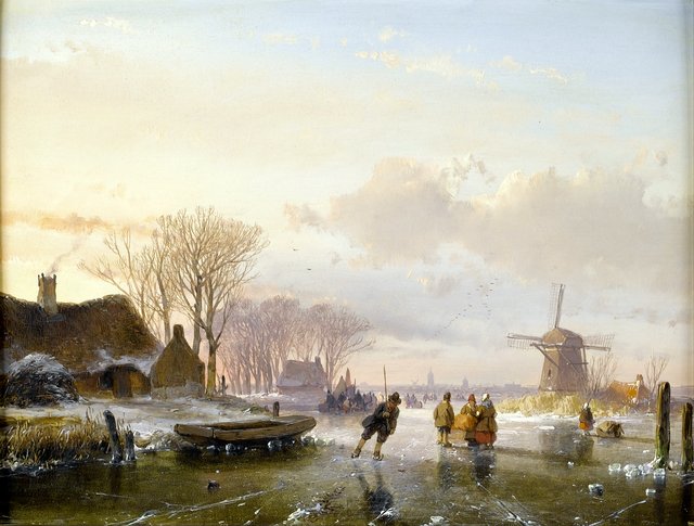 Skaters and figures on a frozen river, Haarlem in the distance by Andreas Schelfhout