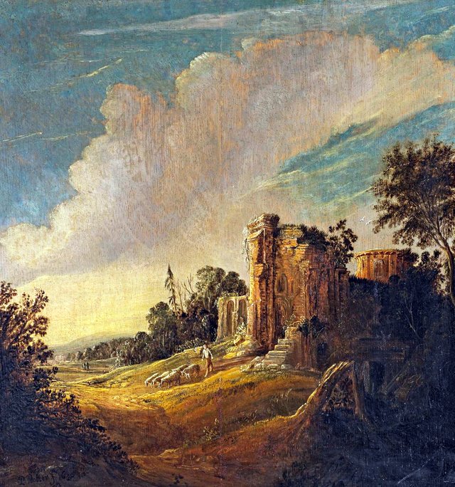 Landscape with a ruin, a shepherd and sheep by Pieter Symonsz Potter