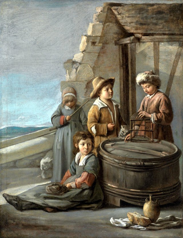 Children with a Cage of Birds and a Cat by Mathieu Le Nain