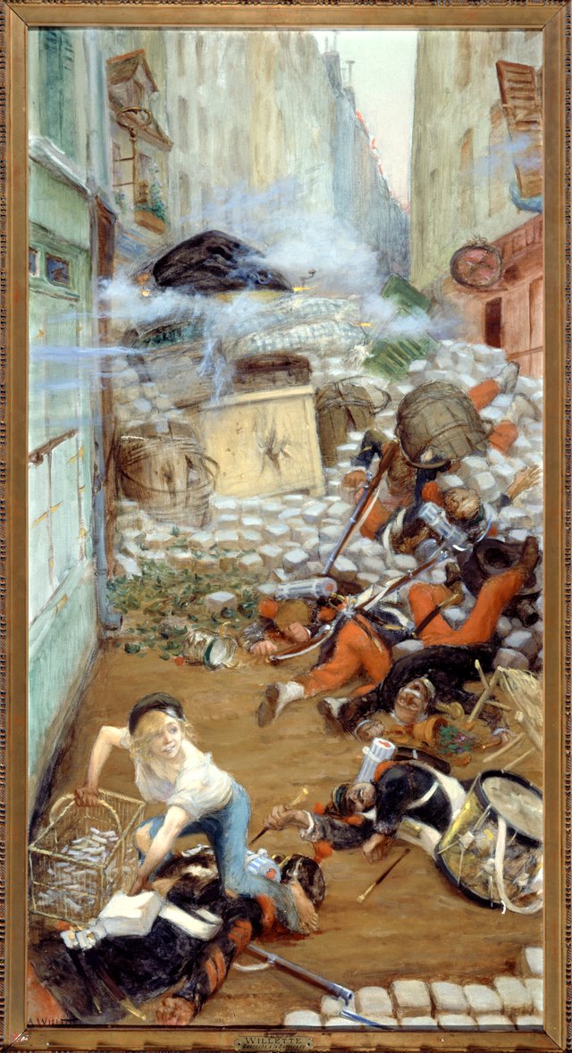 Gavroche ramassant des balles pour la barricade by Adolphe-Léon Willette