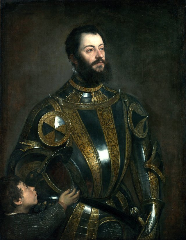 Portrait of Alfonso d'Avalos, Marchese del Vasto, in Armor with a Page by Titian