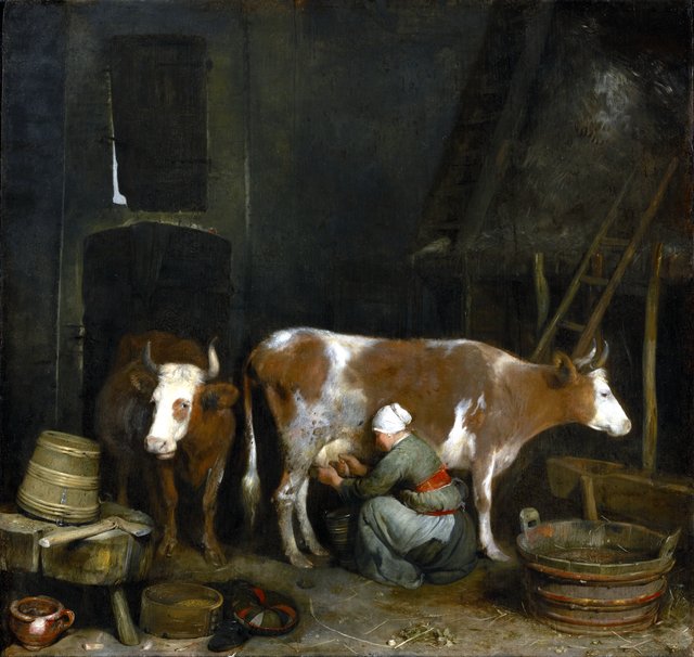 A Maid Milking a Cow in a Barn by Gerard ter Borch