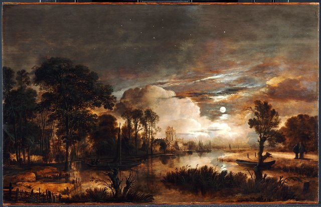 Moonlit Landscape with a View of the New Amstel River and Castle Kostverloren by Aert van der Neer