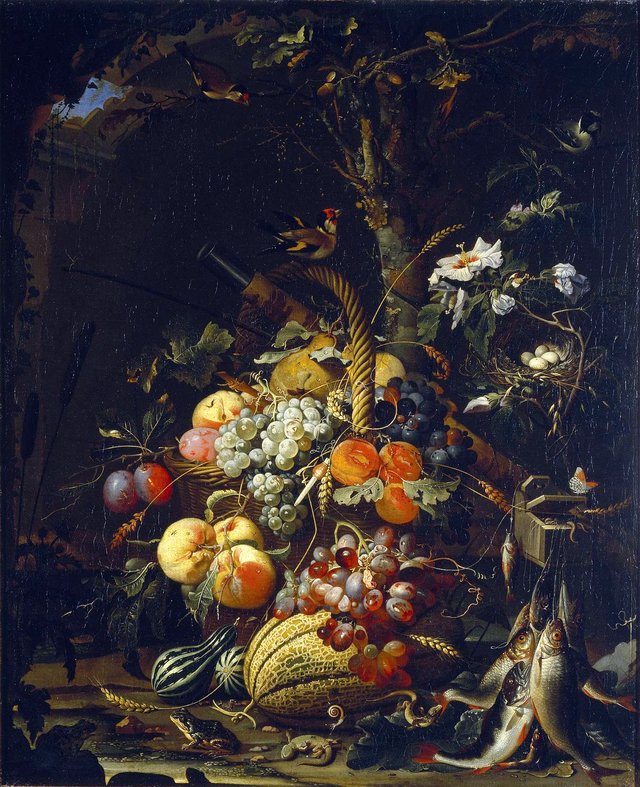 Forest floor still life with fruit, fish and a bird's nest by Abraham Mignon