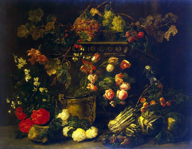 Still Life with Flowers, Fruit and Parrot by Jan Fyt