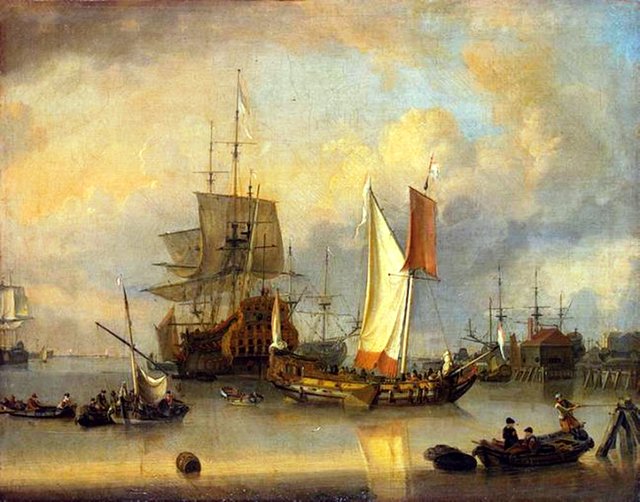 Ships at Sea in Calm Weather by Jan Claesz Rietschoof