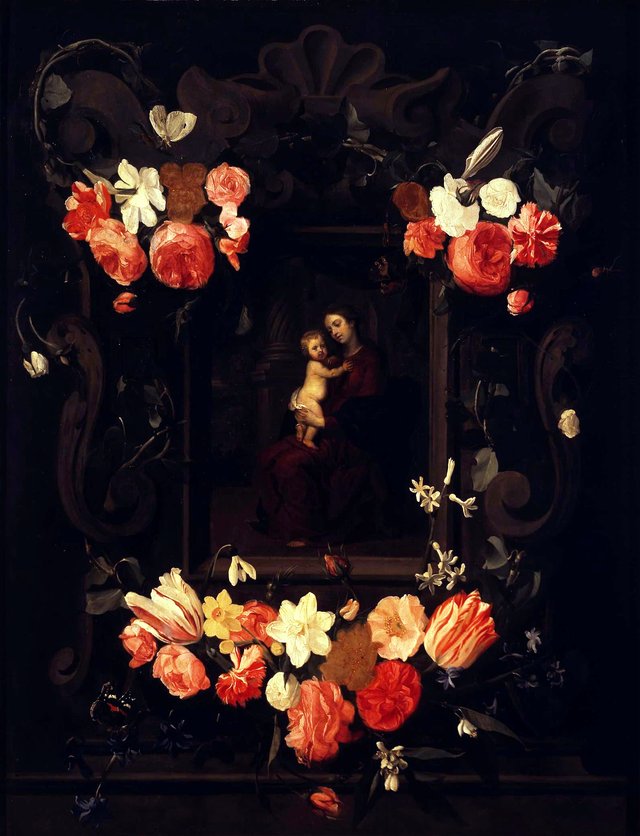 Madonna and Child Framed a Garland of Flowers by Erasmus Quellinus II