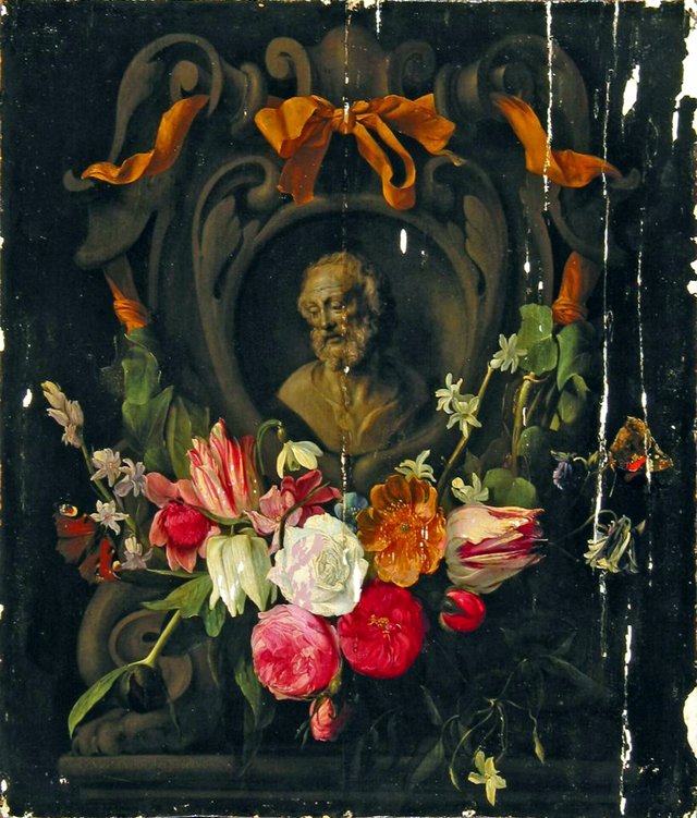 Garland of Flowers around the the Bust an Old Man in a Cartouche by Jan Philip van Thielen