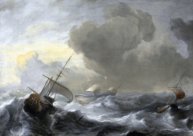A threemaster with the Amsterdam coat-of-arms, with other vessels, in a storm by Ludolf Bakhuizen