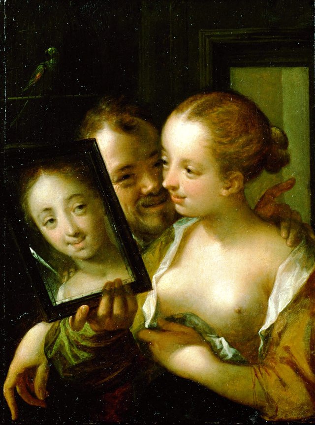 Couple with a mirror by Hans von Aachen