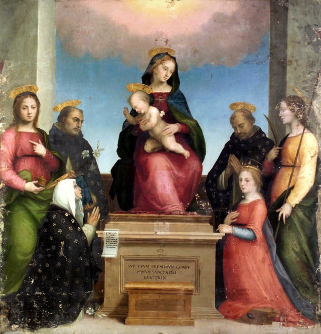 Maria mit Kind und den Hll. Katharina von Siena, Katharina von Alexandrien, Maria Magdalena, Dominikus, Petrus Martyr und einer Märtyrerin by Mariotto Albertinelli