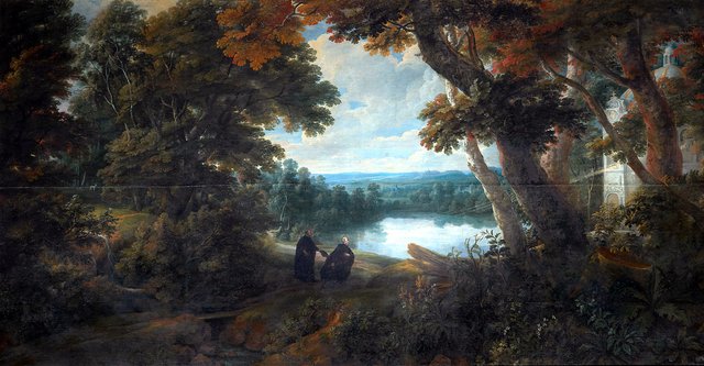 Extensive forest landscape with St. Francis Borgia by Jacques d'Arthois