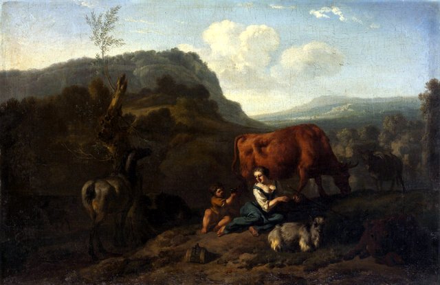 Mountainous landscape with a shepherdess and cows by Dirck van der Bergen