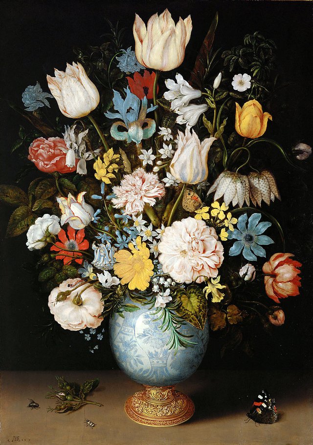 Flowers in a blue and white porcelain vase by Ambrosius Bosschaert