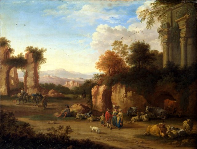 Italian landscape with ancient ruins and peasants by Adriaen Frans Boudewyns