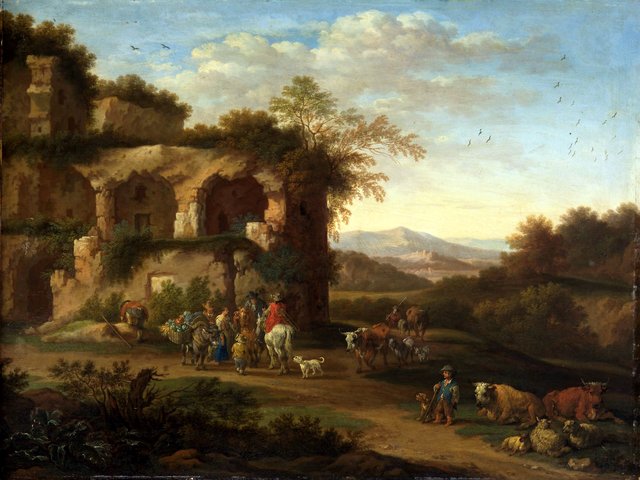 Italian landscape with antique ruins and herders by Adriaen Frans Boudewyns