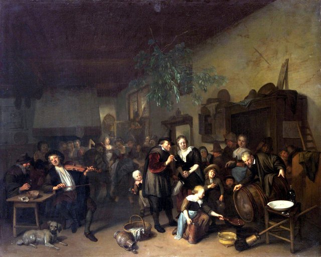 Tavern interior with dancing peasants, by Richard Brakenburgh