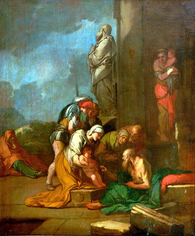 Nymphe Liriope bringt ihren Sohn Narcissus zu Tiresias by Giulio Carpioni
