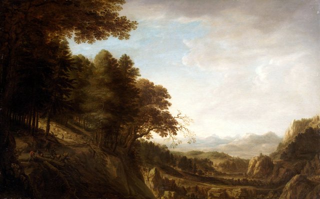 Wooded mountain landscape with lumberjacks by Herman Saftleven